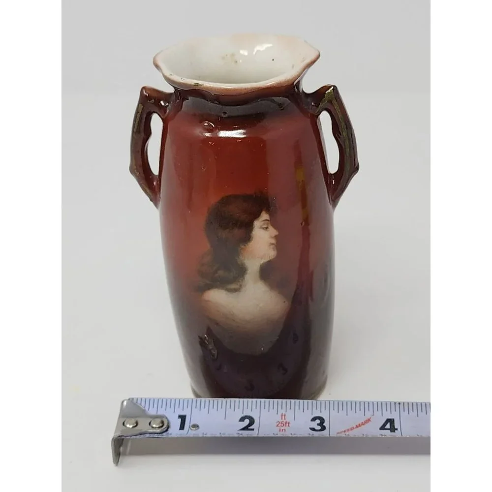 Vintage Vase With Portrait Of Lady Brown Porcelain Side Handles Ruffled Top Edge